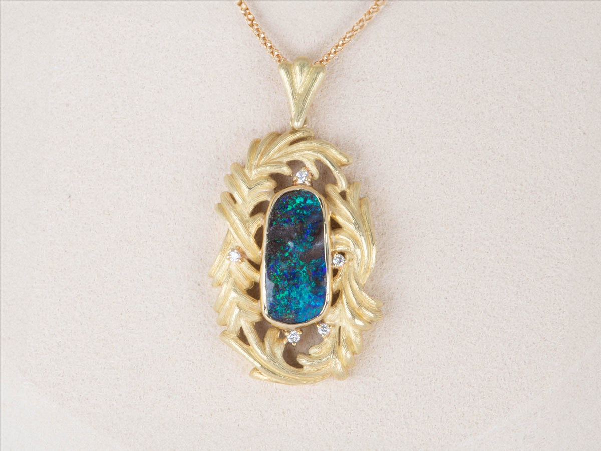 Australian Boulder Opal Feather Style Pendant 18K Gold 11.3g V1124 Aurora Designer