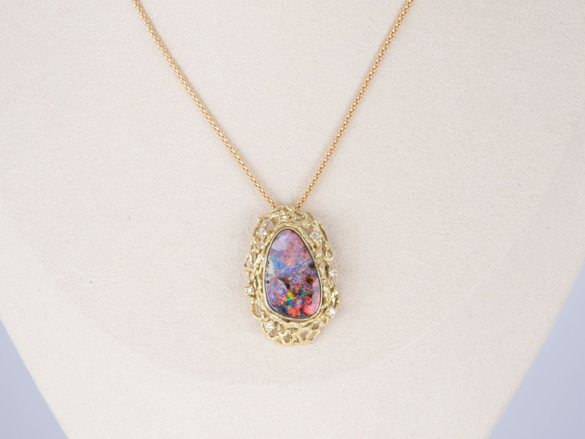Australian Boulder Opal and Diamond Pendant with Chain 18K Gold 10.38g V1125 Aurora Designer