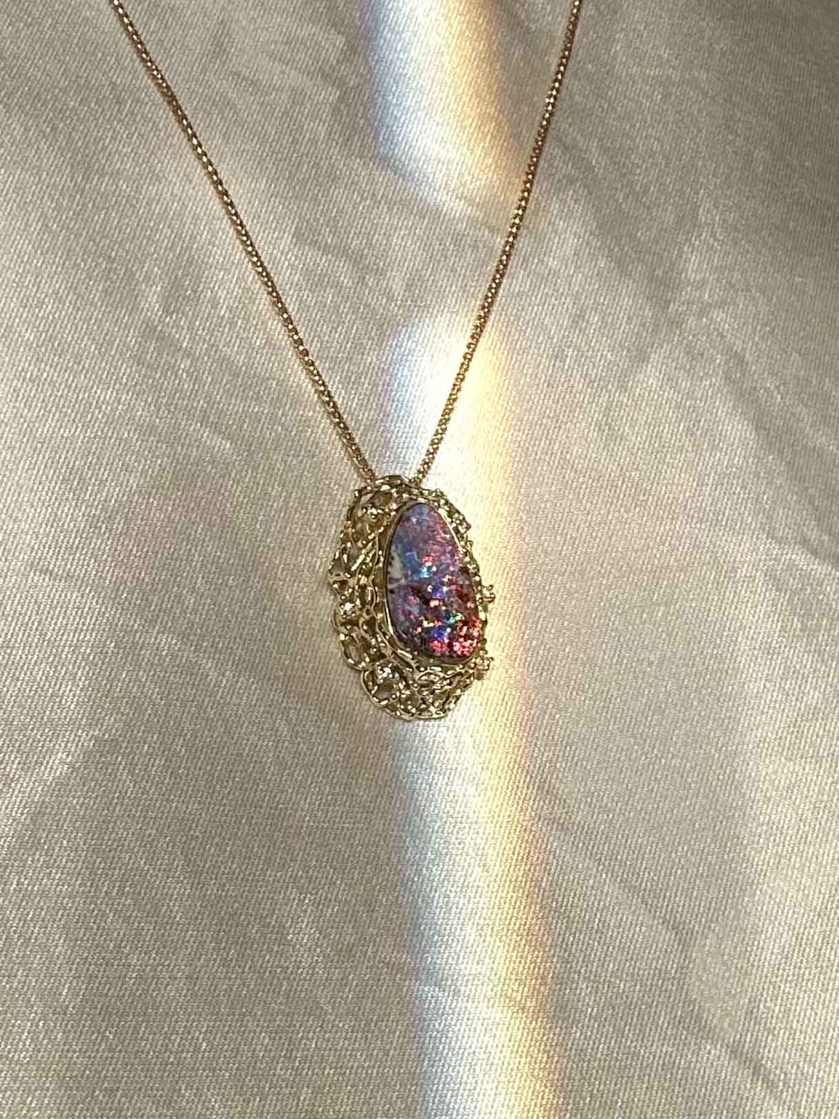 Australian Boulder Opal and Diamond Pendant with Chain 18K Gold 10.38g V1125 Aurora Designer