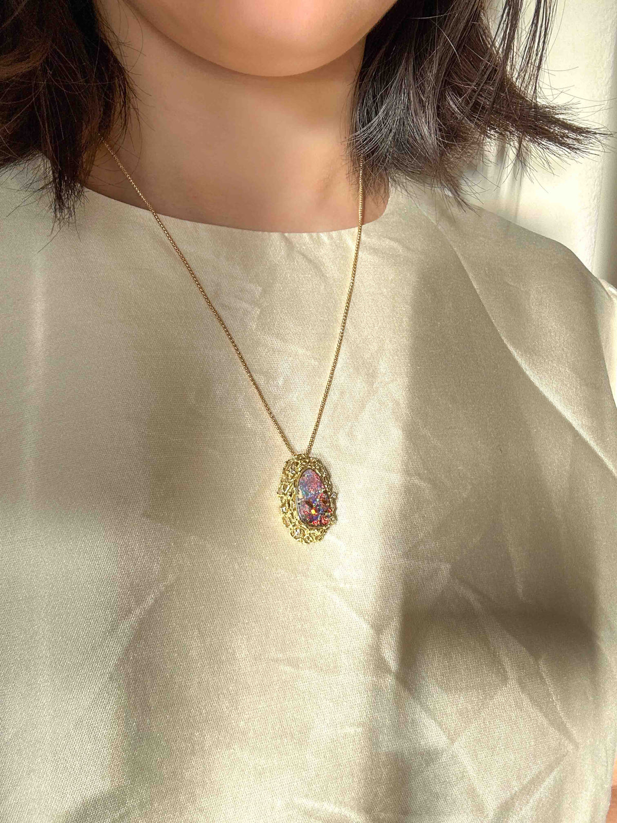 Australian Boulder Opal and Diamond Pendant with Chain 18K Gold 10.38g V1125 Aurora Designer