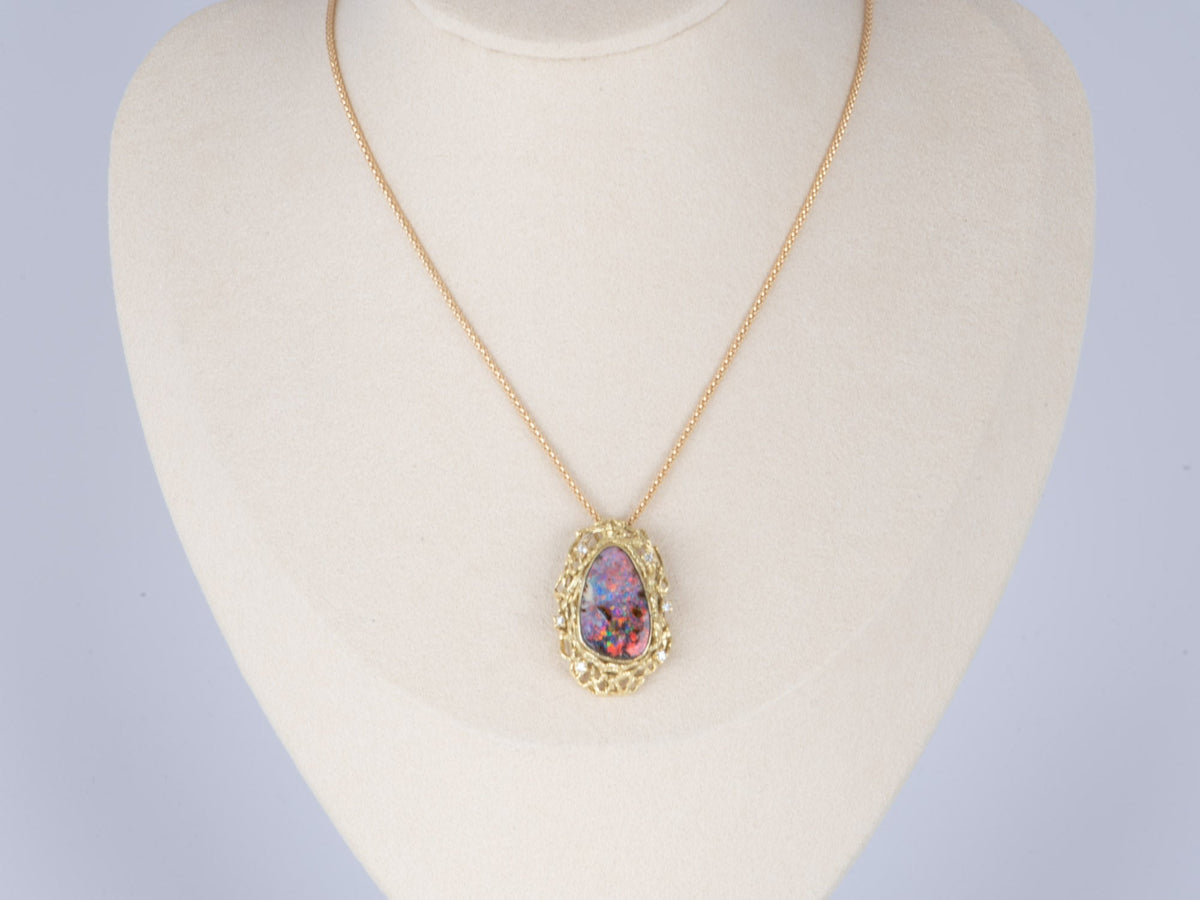 Australian Boulder Opal and Diamond Pendant with Chain 18K Gold 10.38g V1125 Aurora Designer