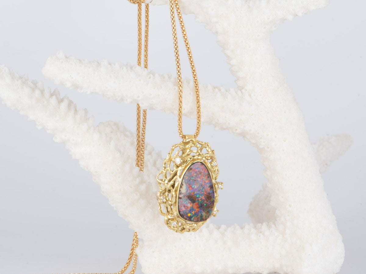 Australian Boulder Opal and Diamond Pendant with Chain 18K Gold 10.38g V1125 Aurora Designer
