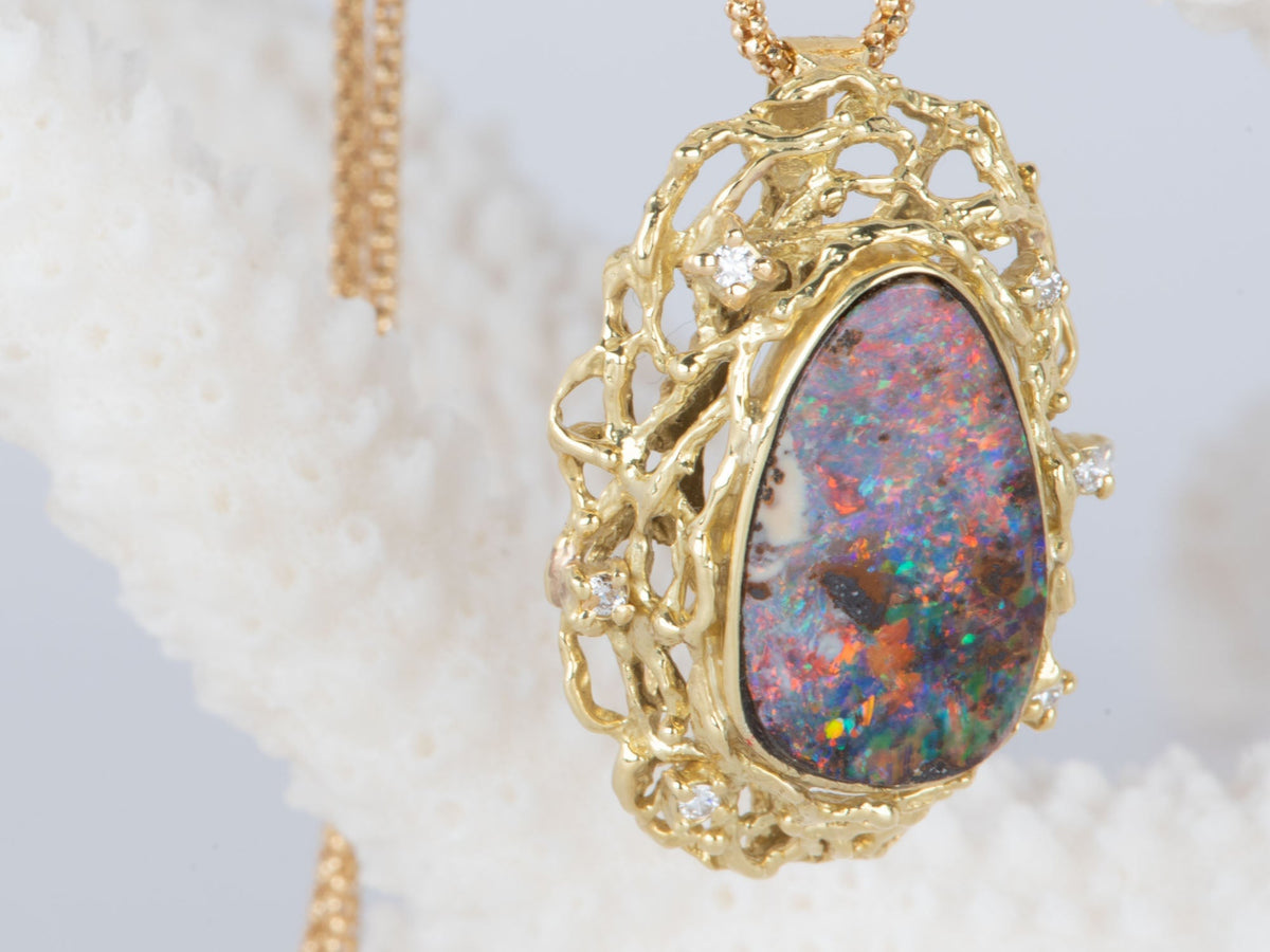 Australian Boulder Opal and Diamond Pendant with Chain 18K Gold 10.38g V1125 Aurora Designer