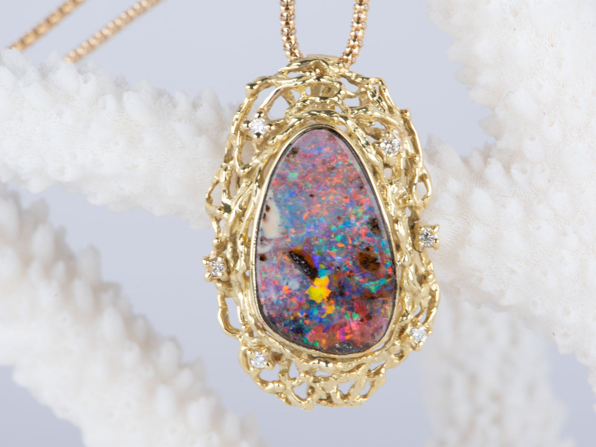 Australian Boulder Opal and Diamond Pendant with Chain 18K Gold 10.38g V1125 Aurora Designer