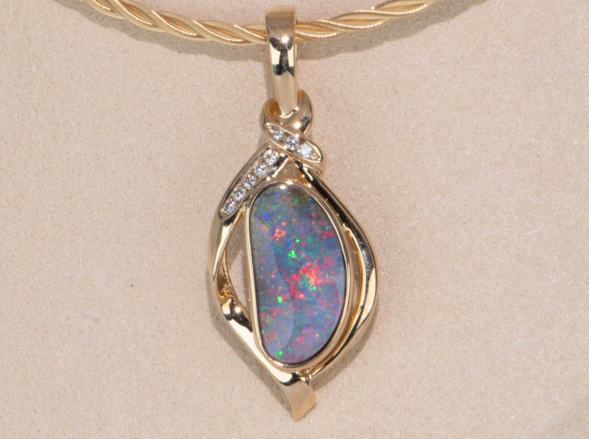 5.85ct Australian Boulder Opal and Diamond Pendant 18K Gold V1126 Aurora Designer