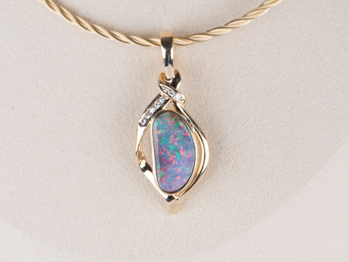 5.85ct Australian Boulder Opal and Diamond Pendant 18K Gold