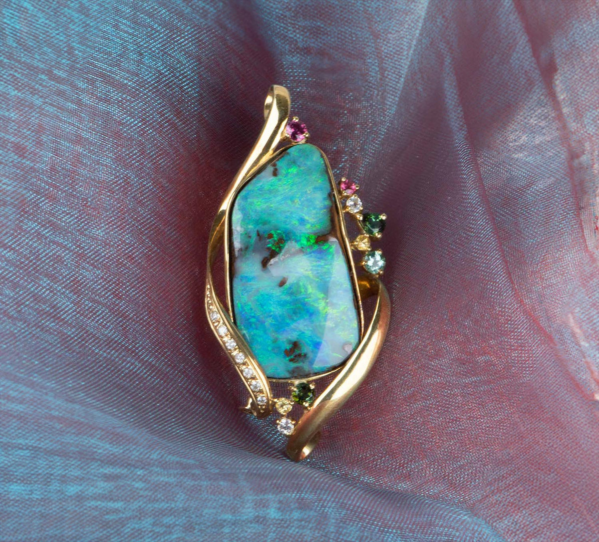 33.53ct Australian Boulder Opal Pendant Brooch Combo 18K Gold V1127 Aurora Designer