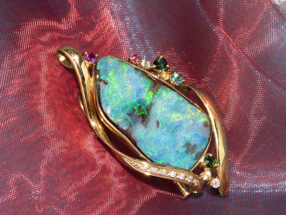 33.53ct Australian Boulder Opal Pendant Brooch Combo 18K Gold V1127 Aurora Designer