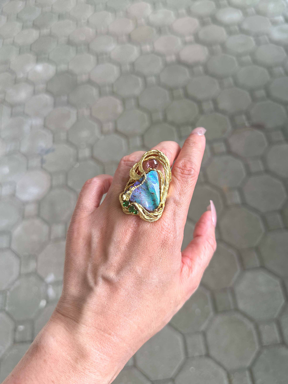 Aqua Blue Green Australian Boulder Opal Ring Pendant Combo 18K Gold 26g V1128 Aurora Designer