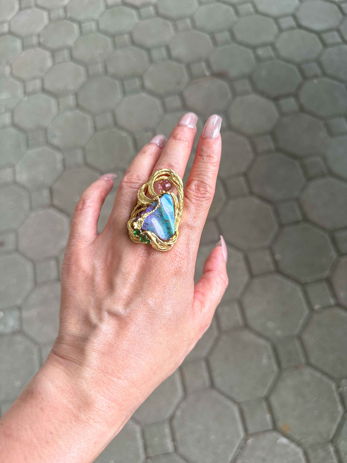 Aqua Blue Green Australian Boulder Opal Ring Pendant Combo 18K Gold 26g V1128 Aurora Designer