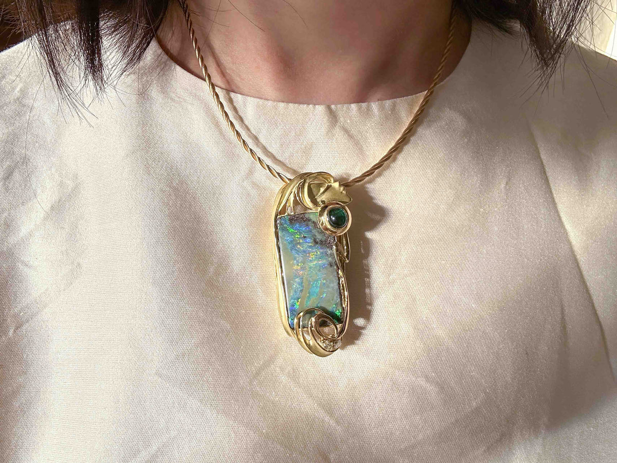 38.17ct Australian Boulder Opal Ring Pendant with Lady's Face 18K Gold 35.8g V1129 Aurora Designer