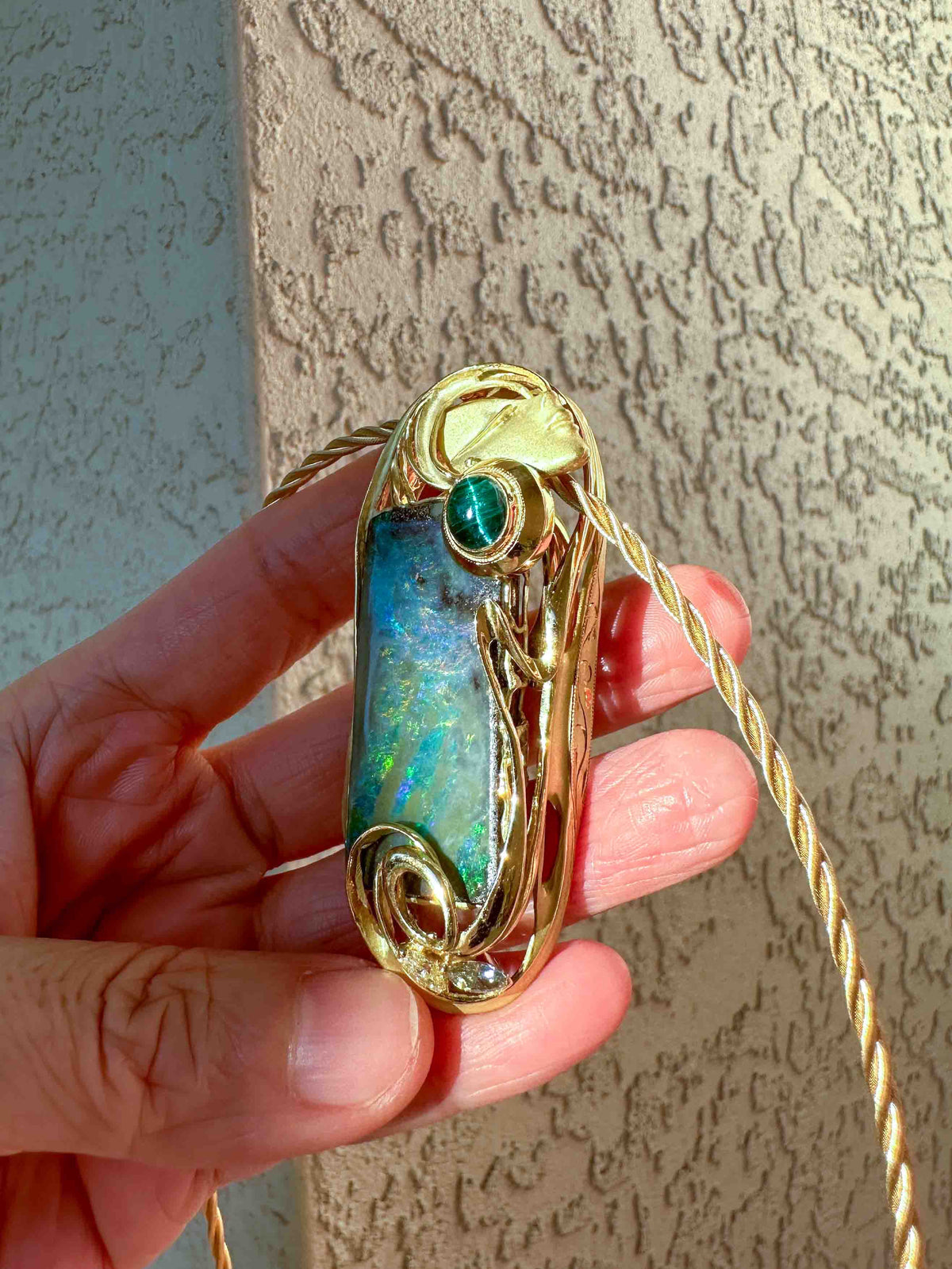 38.17ct Australian Boulder Opal Ring Pendant with Lady's Face 18K Gold 35.8g V1129 Aurora Designer