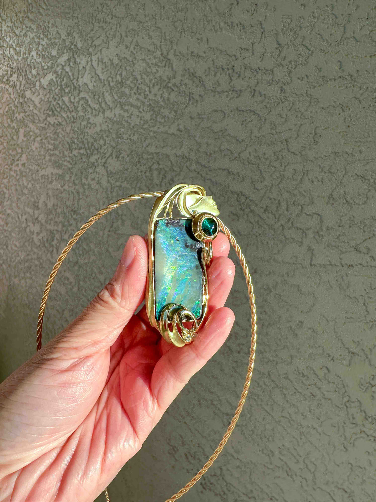 38.17ct Australian Boulder Opal Ring Pendant with Lady's Face 18K Gold 35.8g V1129 Aurora Designer