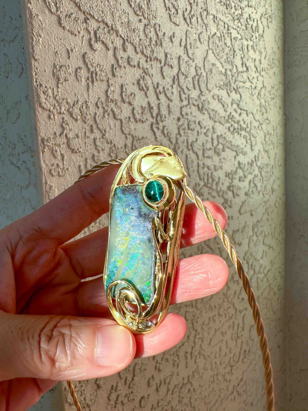 38.17ct Australian Boulder Opal Ring Pendant with Lady's Face 18K Gold 35.8g V1129 Aurora Designer