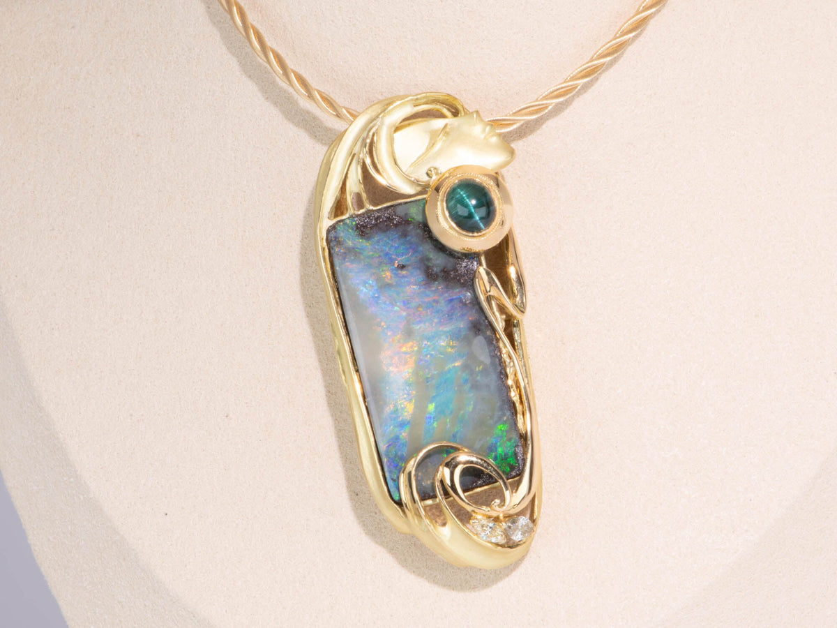 38.17ct Australian Boulder Opal Ring Pendant with Lady's Face 18K Gold 35.8g V1129 Aurora Designer
