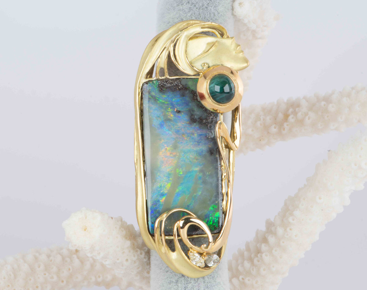 38.17ct Australian Boulder Opal Ring Pendant with Lady's Face 18K Gold 35.8g V1129 Aurora Designer