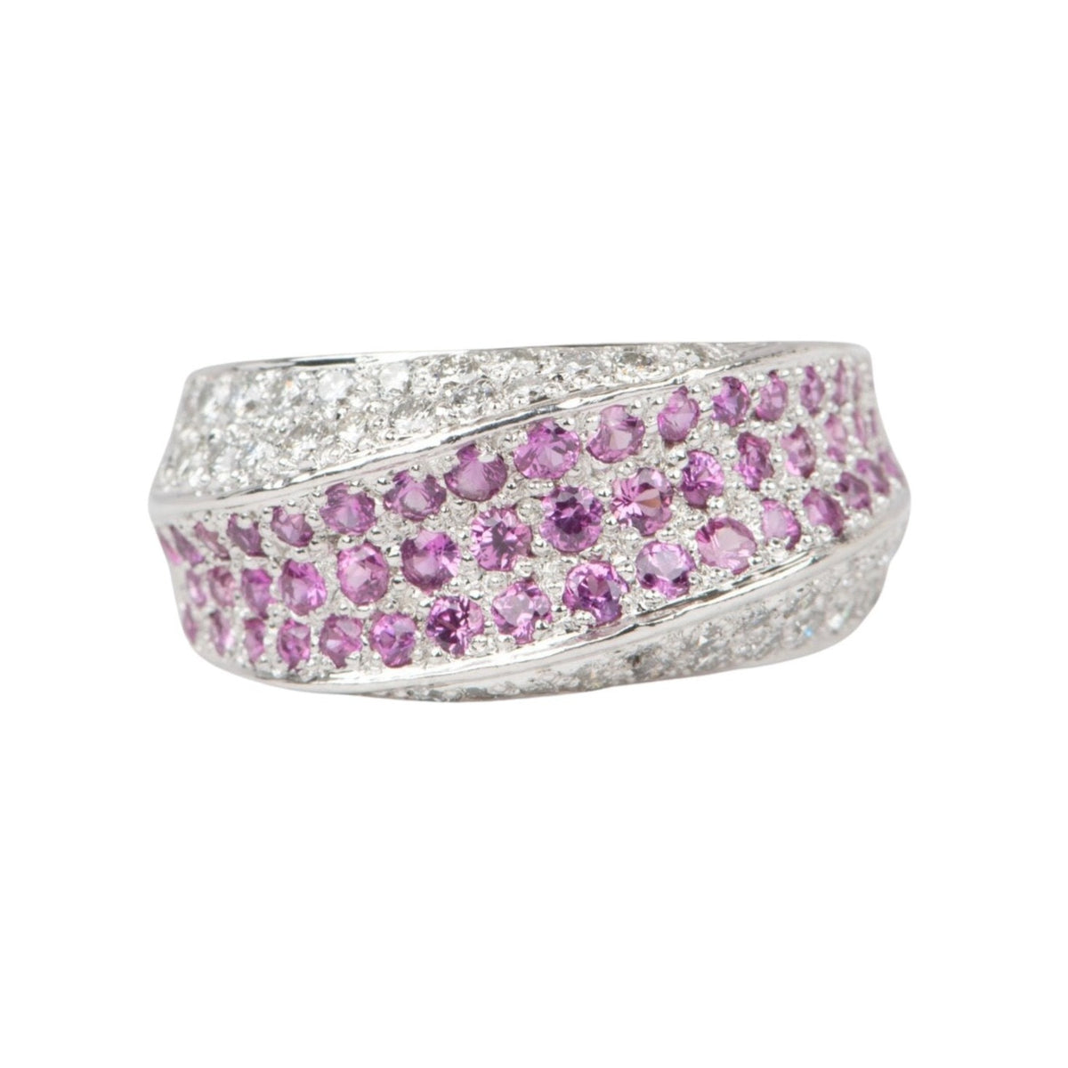 Dual Tone Three Dimensional Diamond and Pink Sapphire Pave Wide Band Ring 18K Gold PT900 8.1g V1130 Aurora Designer