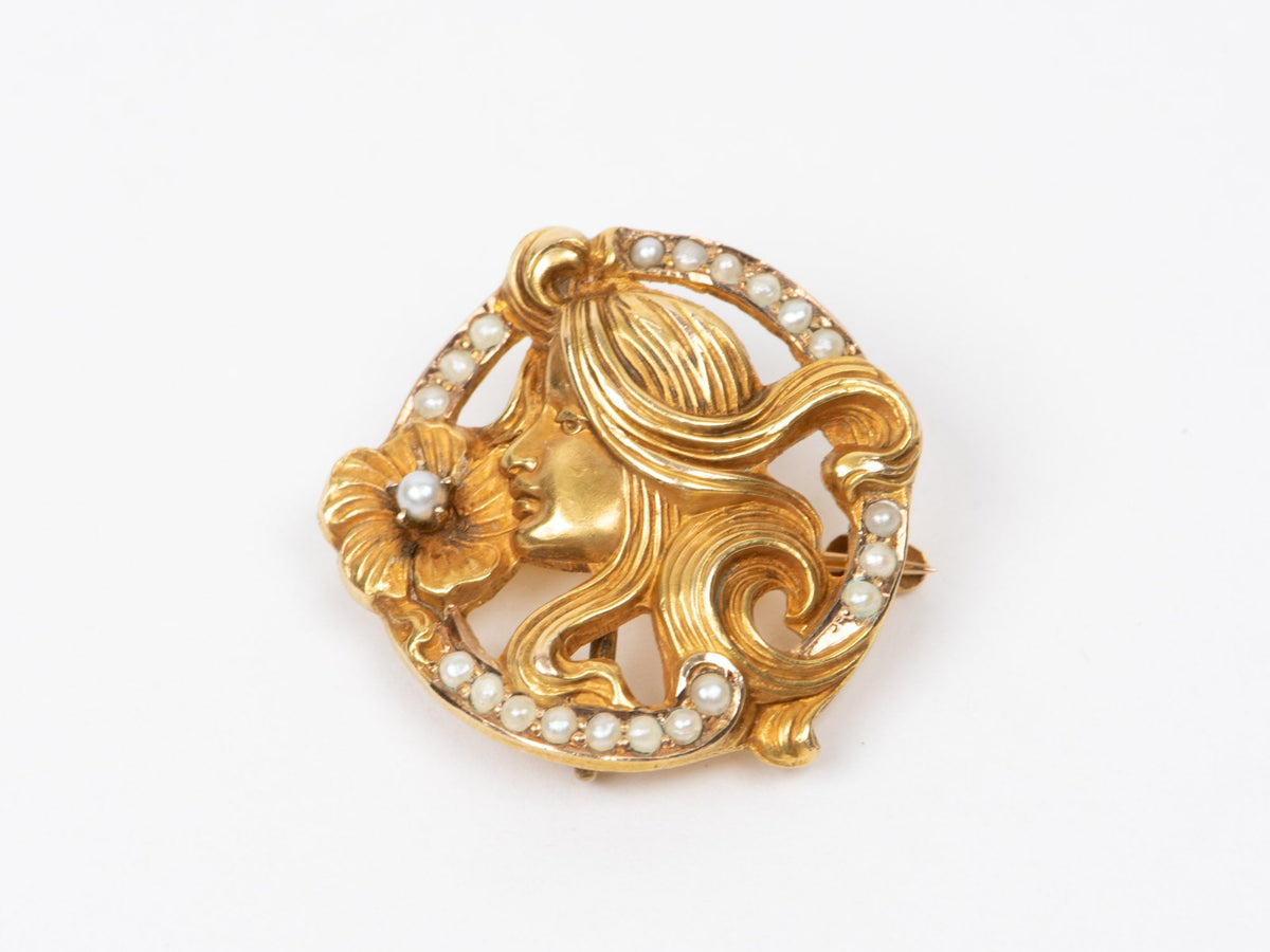 14K Gold Antique Art Nouveau Style Brooch Flowy Hair Girl with Seed Pearls 5.16g V1132 Aurora Designer