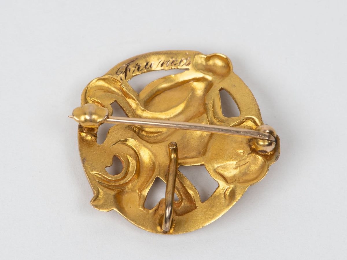 14K Gold Antique Art Nouveau Style Brooch Flowy Hair Girl with Seed Pearls 5.16g V1132 Aurora Designer