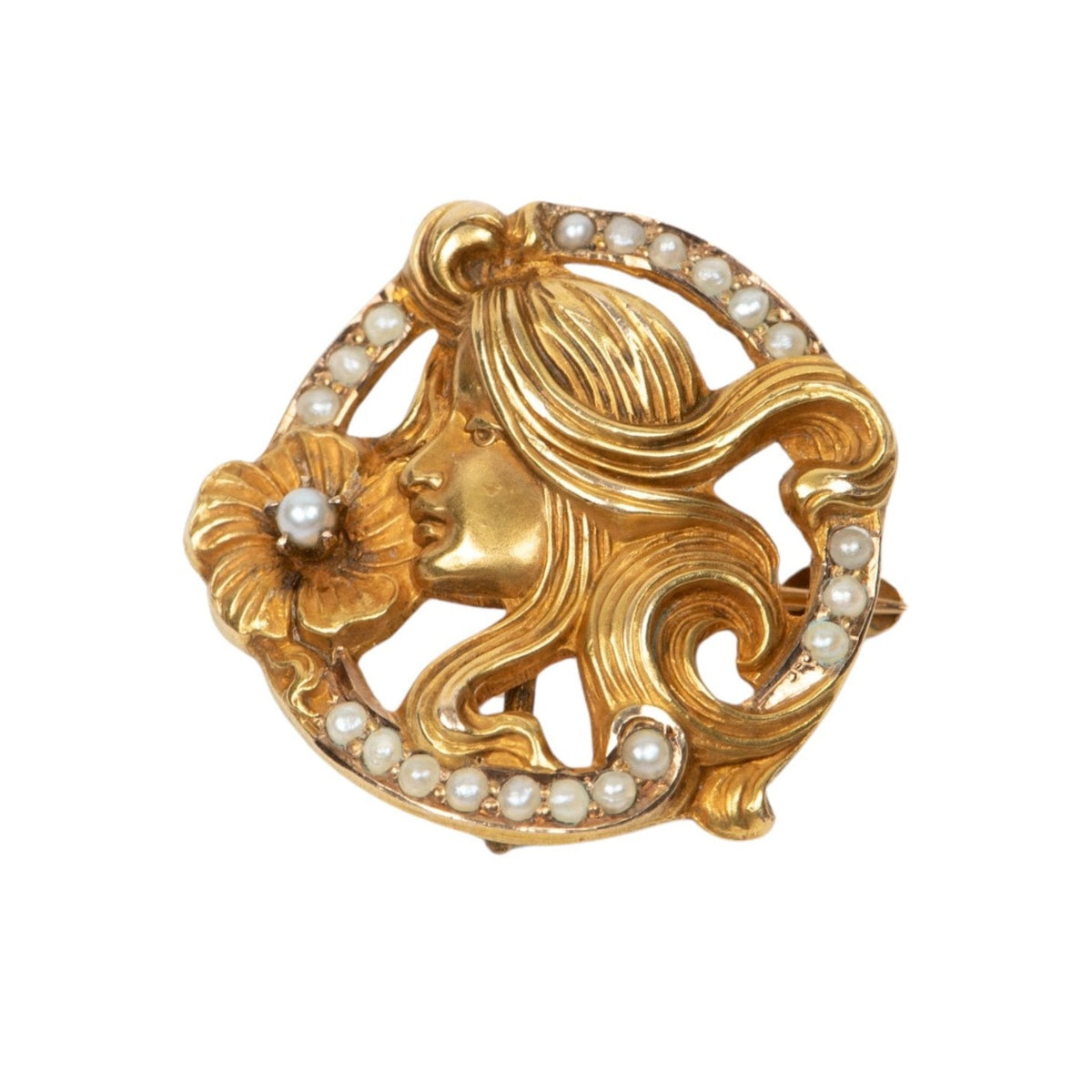 14K Gold Antique Art Nouveau Style Brooch Flowy Hair Girl with Seed Pearls 5.16g V1132 Aurora Designer