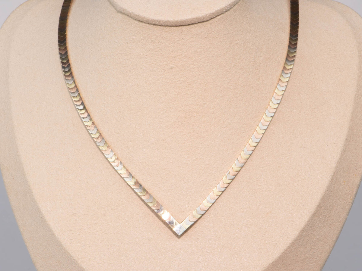 14K Gold Tri Color Chevron Necklace 21g Italy Herringbone Collar Choker V1139 Aurora Designer