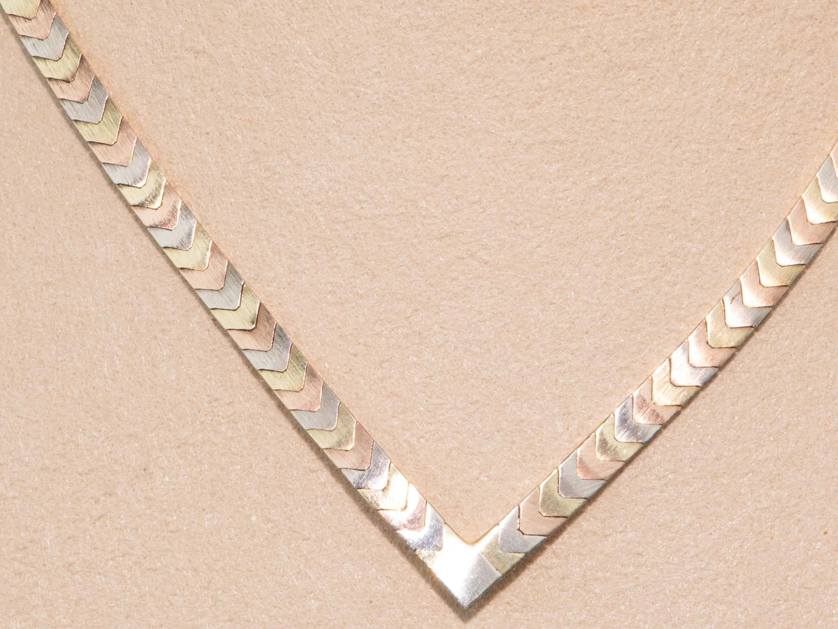 14K Gold Tri Color Chevron Necklace 21g Italy Herringbone Collar Choker V1139 Aurora Designer