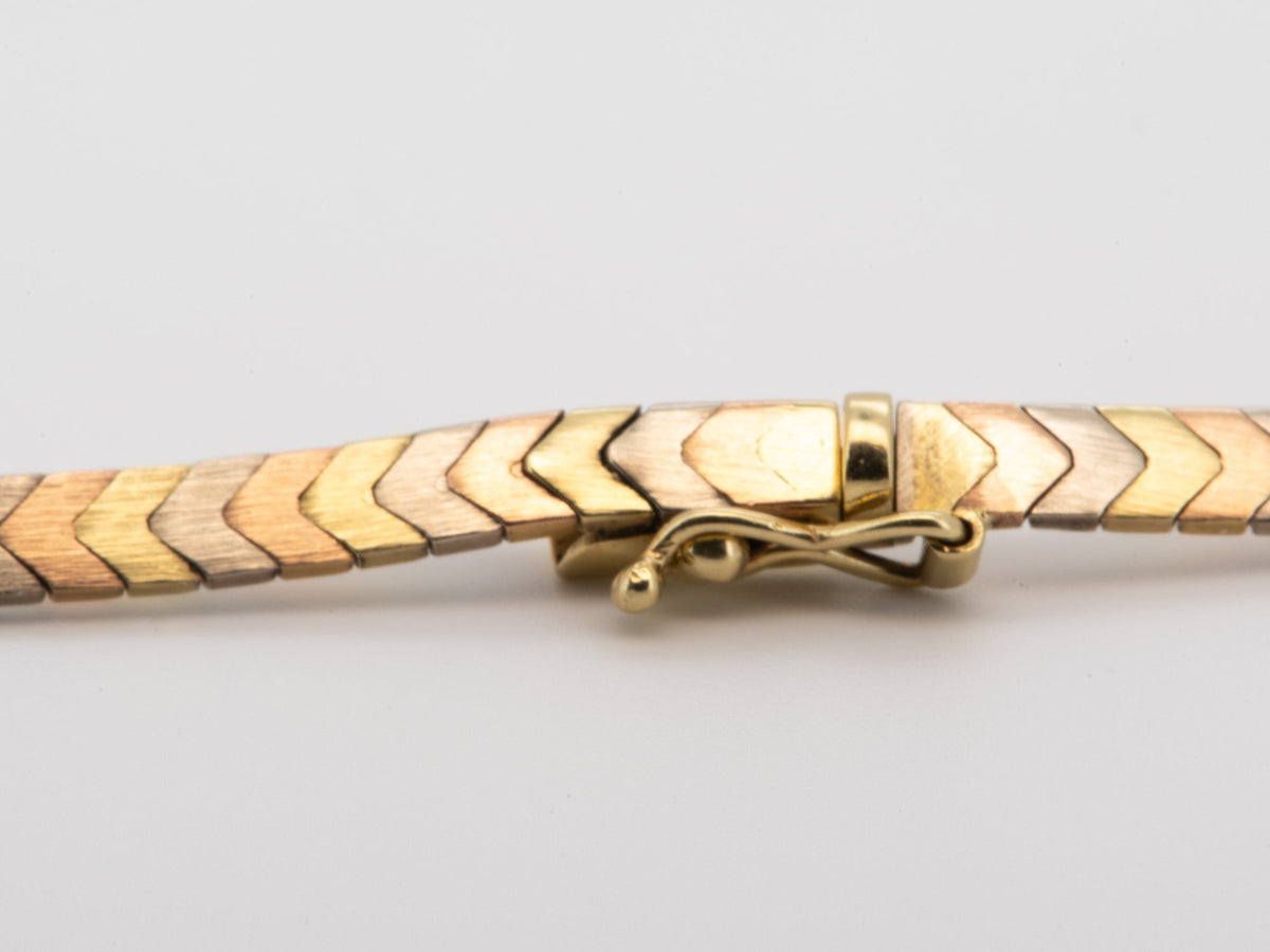 14K Gold Tri Color Chevron Necklace 21g Italy Herringbone Collar Choker V1139 Aurora Designer