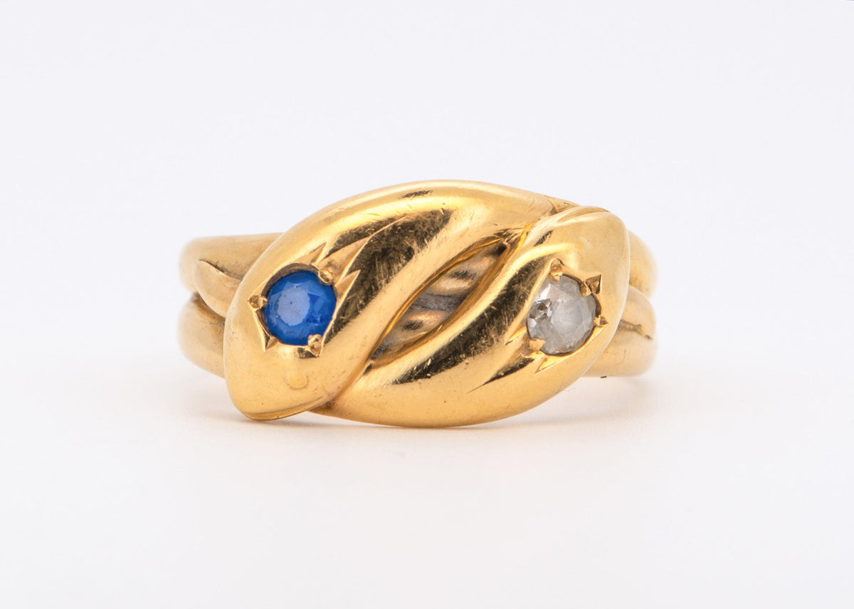 Antique English Hallmarked 18K Diamond and Sapphire Double Snake Coil Ring 9.77g V1141 Aurora Designer
