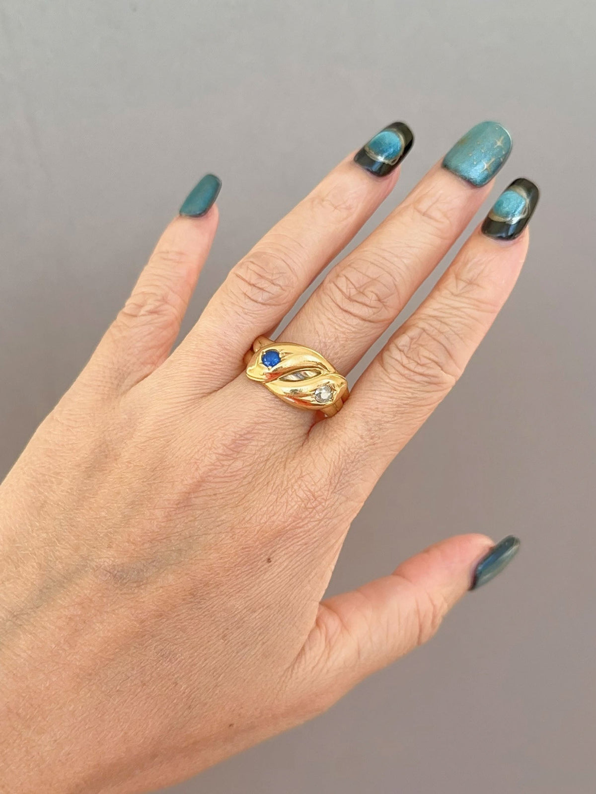 Antique English Hallmarked 18K Diamond and Sapphire Double Snake Coil Ring V1141 Aurora Designer