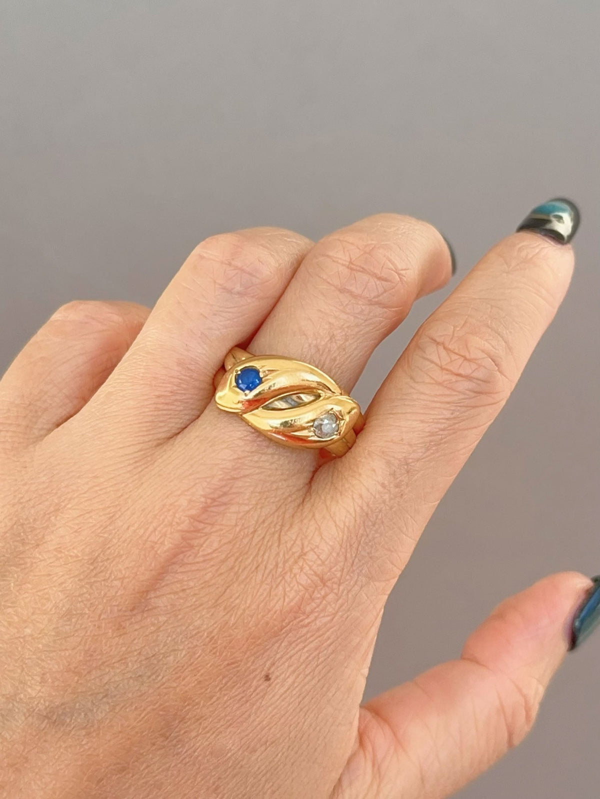 Antique English Hallmarked 18K Diamond and Sapphire Double Snake Coil Ring V1141 Aurora Designer