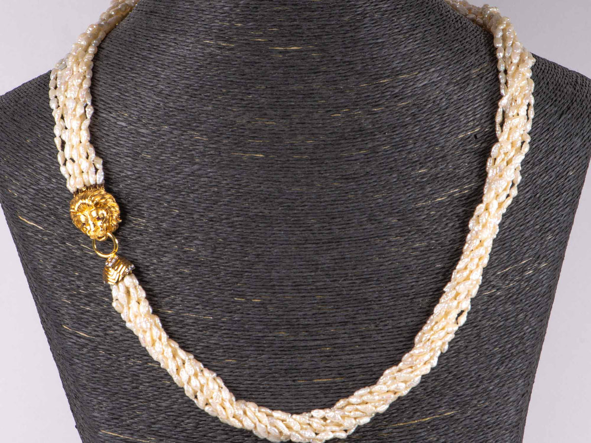 10-Strand Pearl Necklace with Heavy 14K Gold Lion Head Closure with Diamonds and Rubies V1142 Aurora Designer