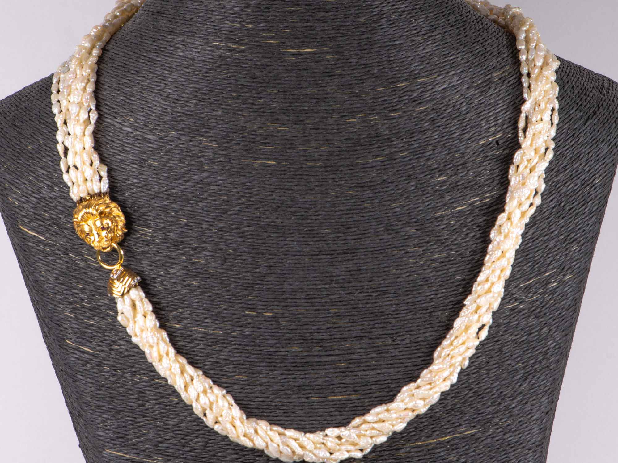 10-Strand Pearl Necklace with Heavy 14K Gold Lion Head Closure