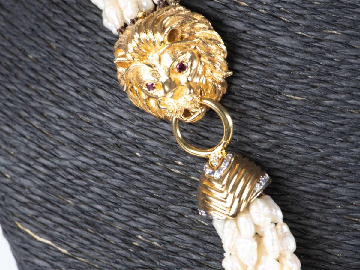 10-Strand Pearl Necklace with Heavy 14K Gold Lion Head Closure with Diamonds and Rubies V1142 Aurora Designer