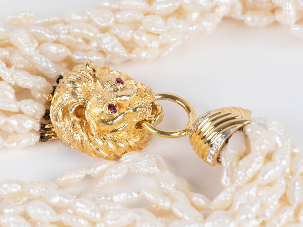 10-Strand Pearl Necklace with Heavy 14K Gold Lion Head Closure with Diamonds and Rubies V1142 Aurora Designer