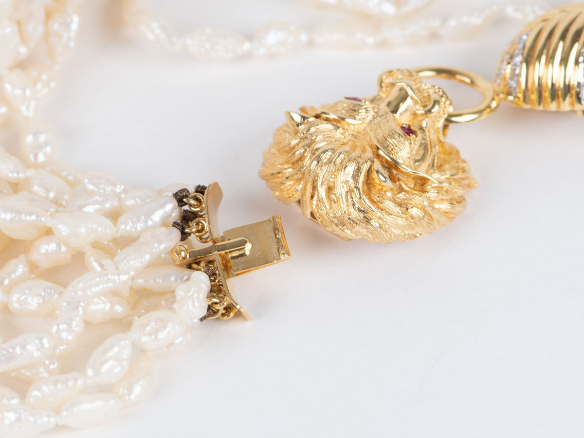10-Strand Pearl Necklace with Heavy 14K Gold Lion Head Closure with Diamonds and Rubies V1142 Aurora Designer