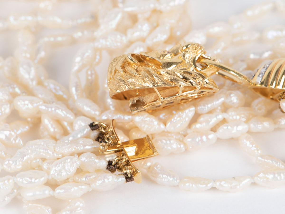 10-Strand Pearl Necklace with Heavy 14K Gold Lion Head Closure with Diamonds and Rubies V1142 Aurora Designer