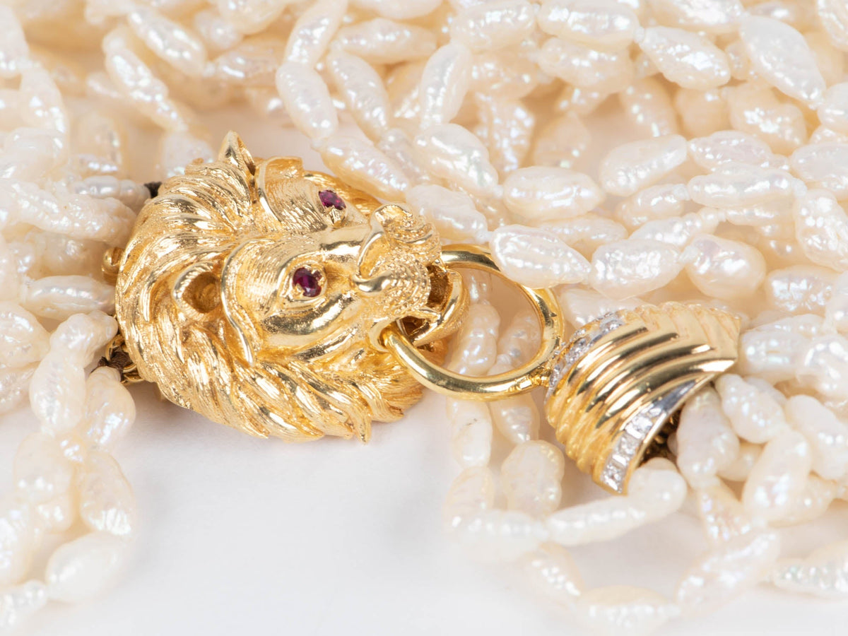 10-Strand Pearl Necklace with Heavy 14K Gold Lion Head Closure with Diamonds and Rubies V1142 Aurora Designer