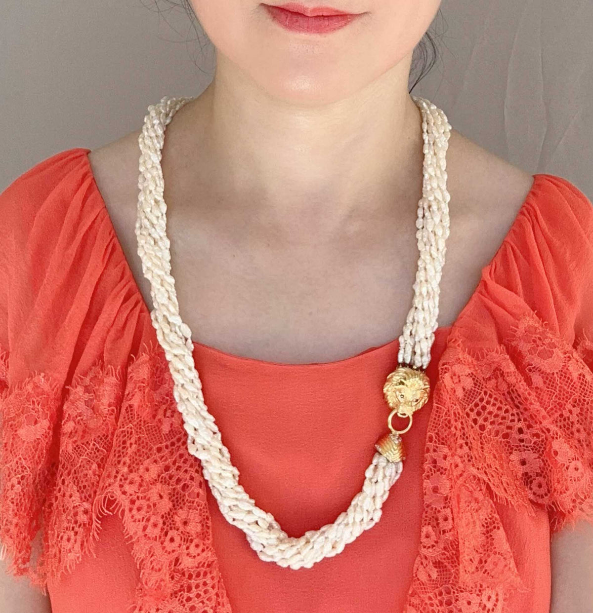 10-Strand Pearl Necklace with Heavy 14K Gold Lion Head Closure with Diamonds and Rubies V1142 Aurora Designer