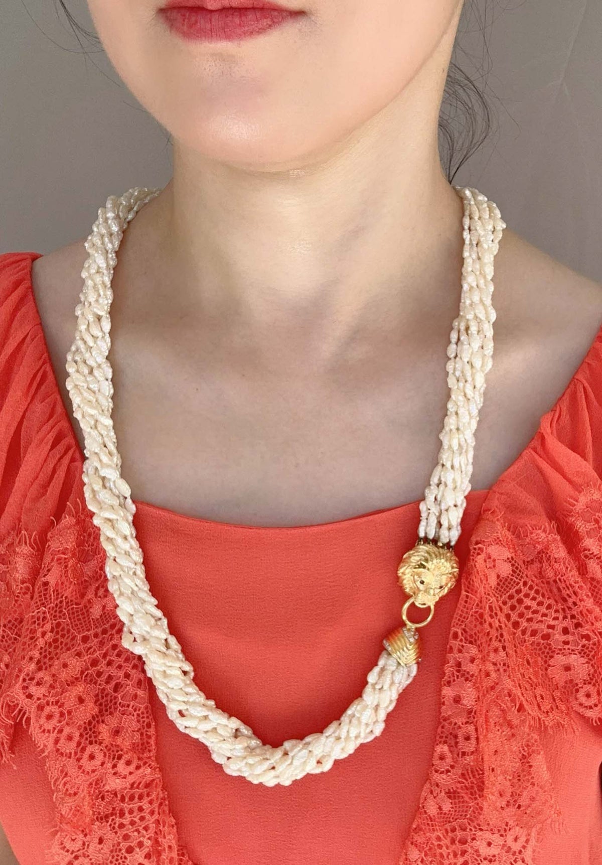 10-Strand Pearl Necklace with Heavy 14K Gold Lion Head Closure with Diamonds and Rubies V1142 Aurora Designer