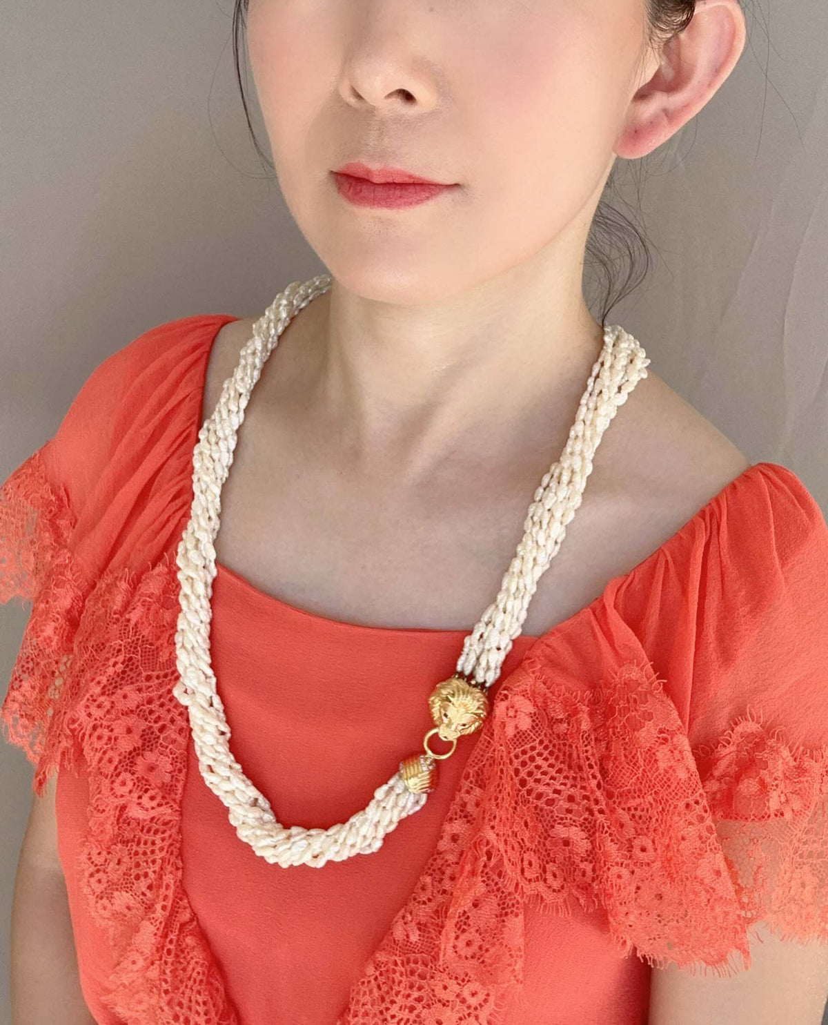10-Strand Pearl Necklace with Heavy 14K Gold Lion Head Closure with Diamonds and Rubies V1142 Aurora Designer