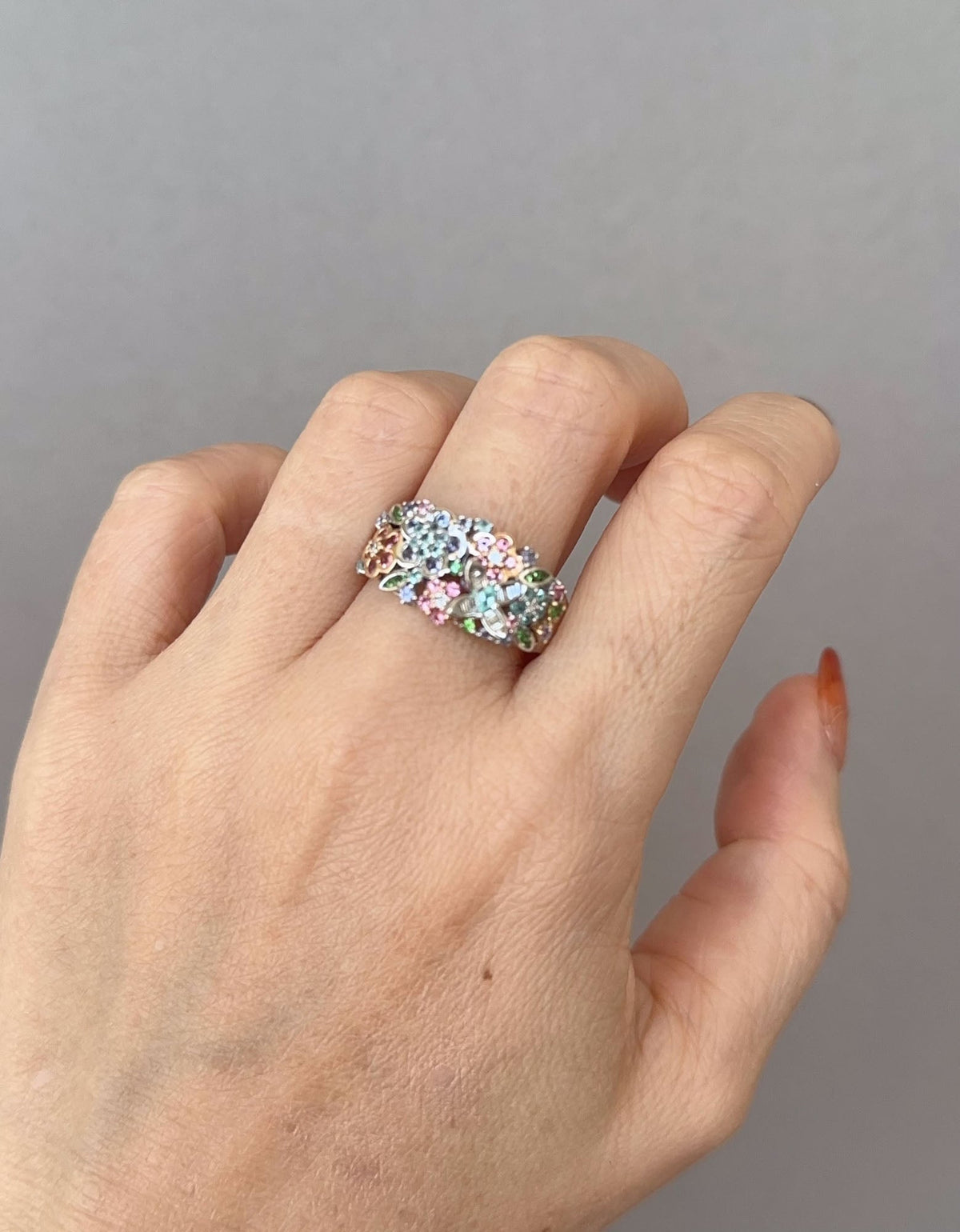 18K White Gold Mixed Colorful Gemstone Brocade Ring Diamond Sapphire Tanzanite Tsavorite Paraiba Tourmaline V1143 Aurora Designer