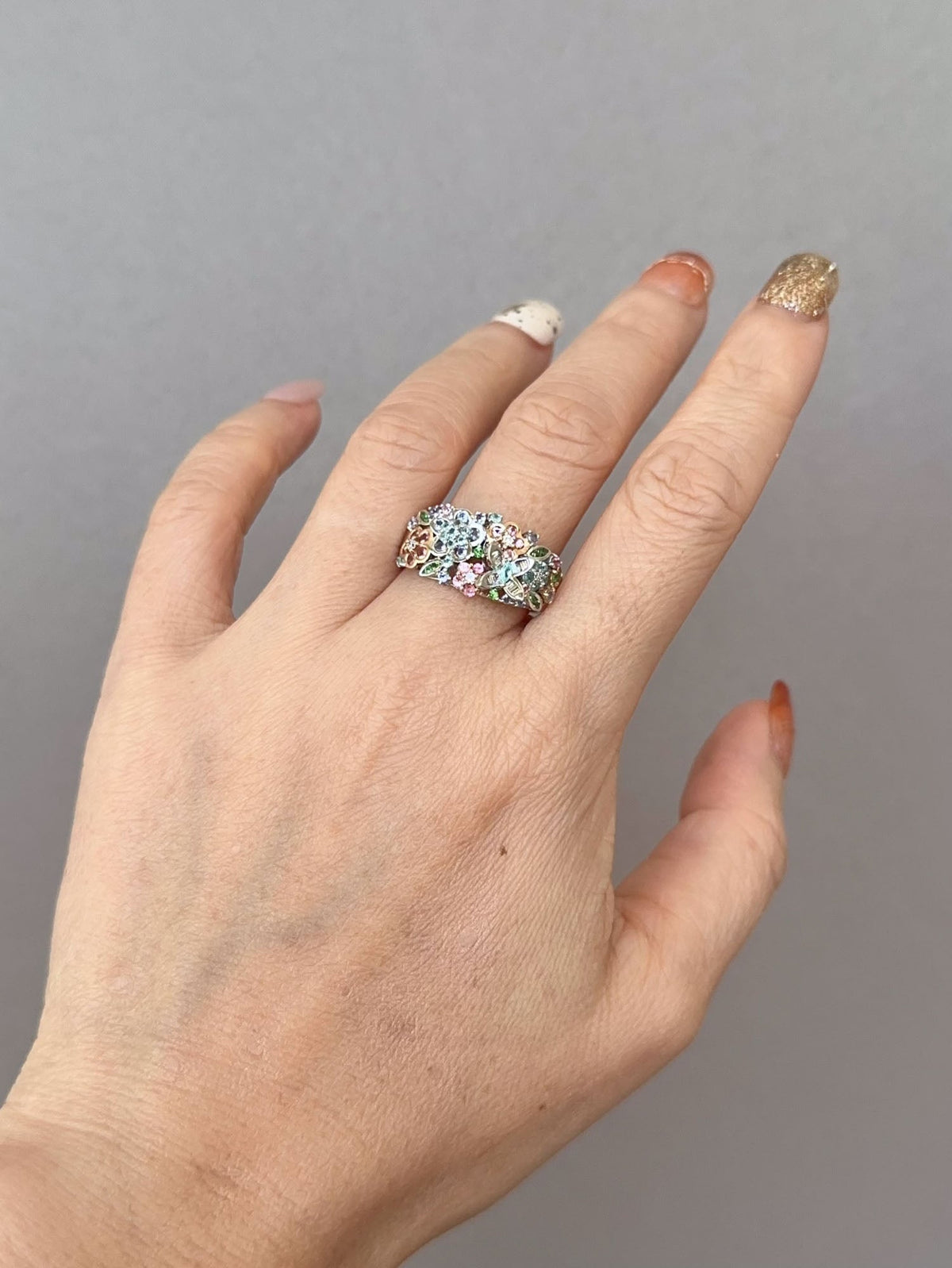 18K White Gold Mixed Colorful Gemstone Brocade Ring Diamond Sapphire Tanzanite Tsavorite Paraiba Tourmaline V1143 Aurora Designer