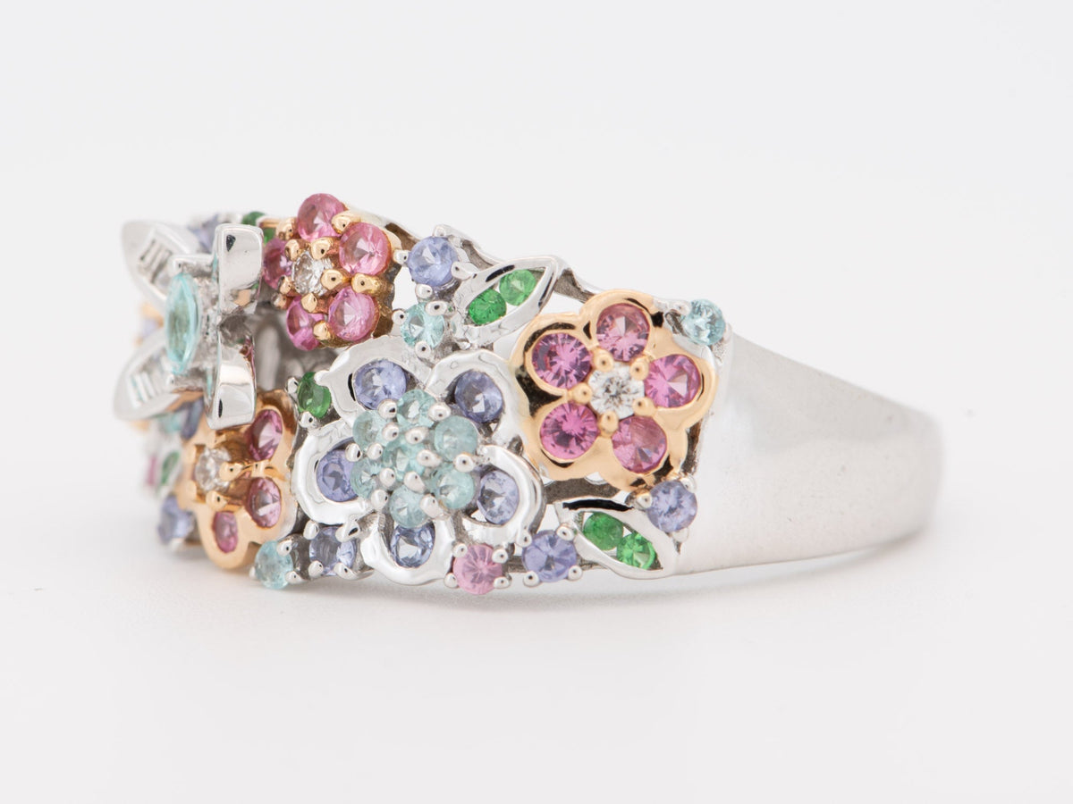 18K White Gold Mixed Colorful Gemstone Brocade Ring Diamond Sapphire Tanzanite Tsavorite Paraiba Tourmaline V1143 Aurora Designer