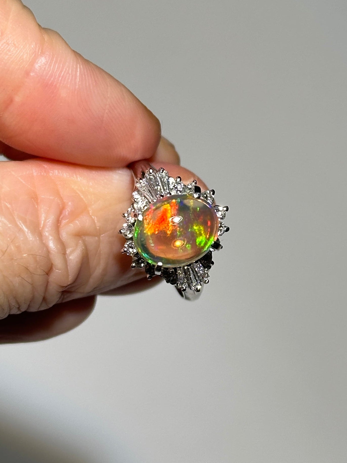 2.37ct Super Bright Mexican Fire Opal with Diamond Halo Engagement Ring Platinum 6.69g V1145 Aurora Designer