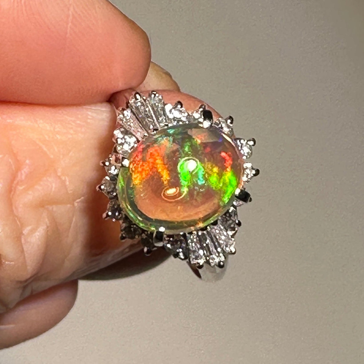 2.37ct Super Bright Mexican Fire Opal with Diamond Halo Engagement Ring Platinum 6.69g V1145 Aurora Designer