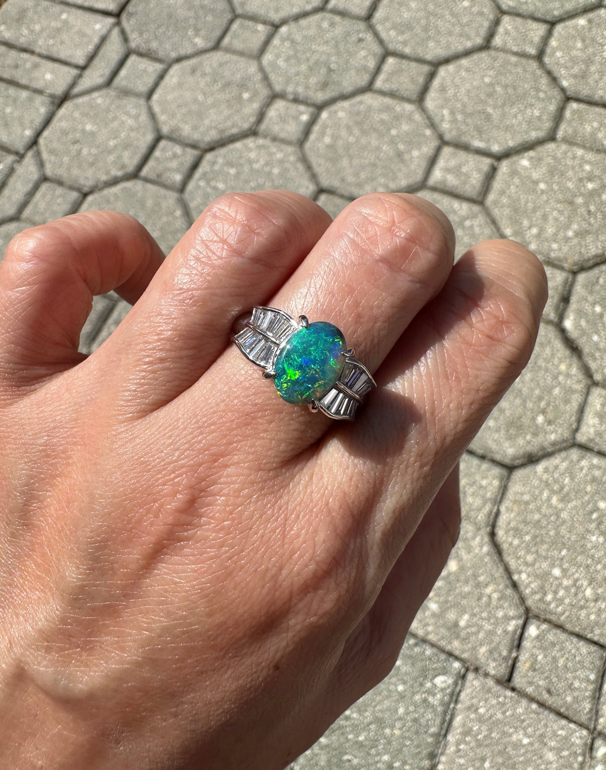 1.51ct Australian Black Opal with Baguette Diamond Ring Platinum 8g+ V1147 Aurora Designer