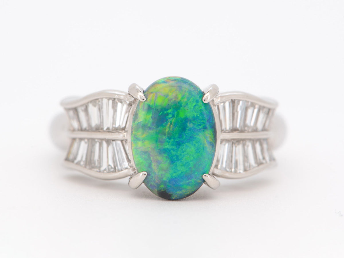 1.51ct Australian Black Opal with Baguette Diamond Ring Platinum 8g+ V1147 Aurora Designer