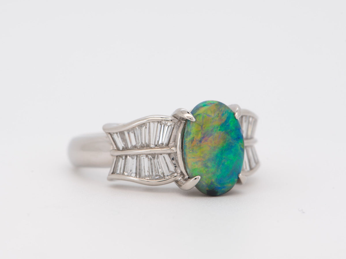 1.51ct Australian Black Opal with Baguette Diamond Ring Platinum 8g+ V1147 Aurora Designer