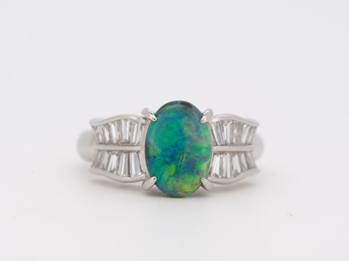 1.51ct Australian Black Opal with Baguette Diamond Ring Platinum 8g+ V1147 Aurora Designer