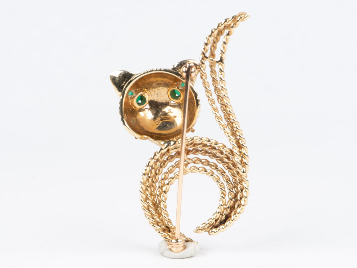 14K Gold Cat Brooch with Green Onyx Eyes 8g+ for Animal Lovers V1148 Aurora Designer